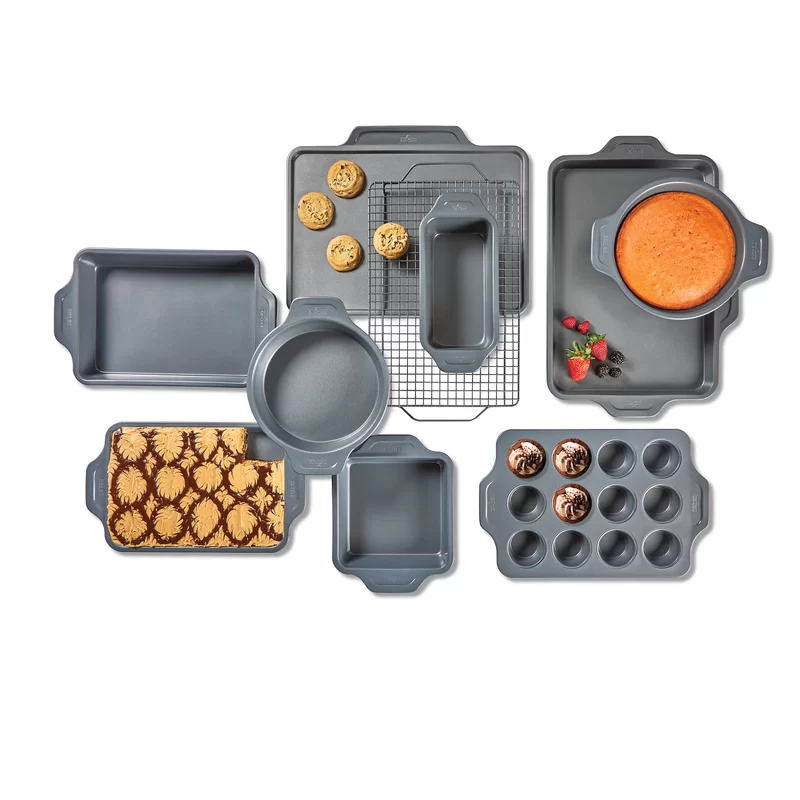 All-Clad J257SA64 Pro-Release Nonstick Bakeware Set including Half Sheet， Cookie Sheet， Muffin Pan， Cooling and Baking Rack， Round Cake Pan， Loaf Pan， 10 piece， Gray