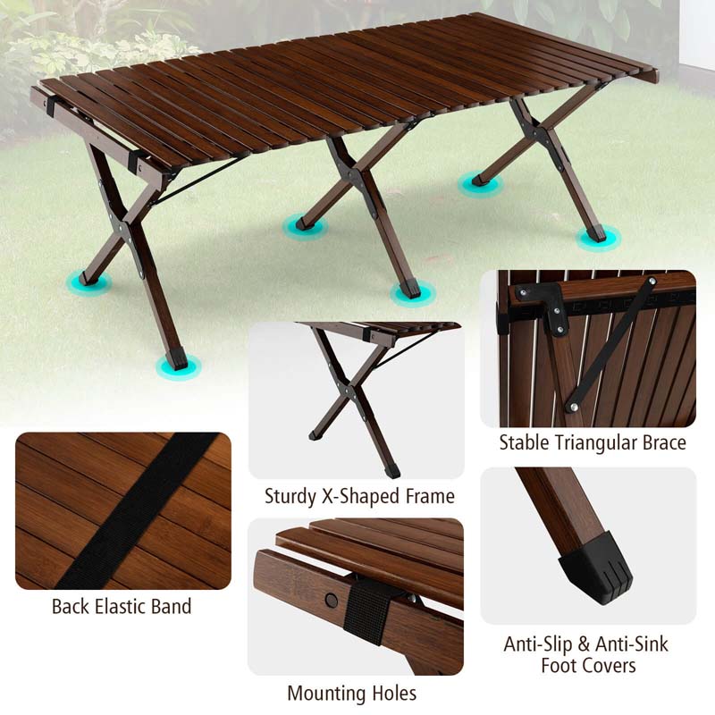 Folding Camping Table Portable Picnic Table with Carry Bag, Roll-up Bamboo Tabletop for BBQ Party Hiking