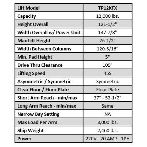 TUXEDO 2-Post Floor Plate Car Lift 12000 lbs. Capacity Heavy Duty Design TP12KFX