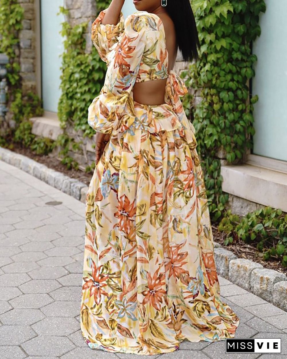 Leaf Floral Print Puff Lantern Sleeve Maxi Dress