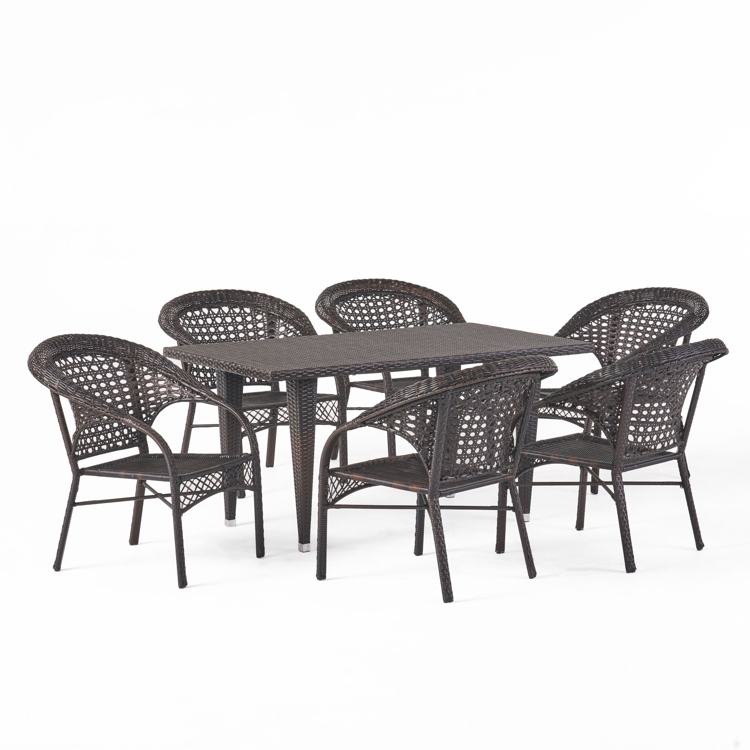 Louisiana Outdoor 7-Piece Brown Wicker Dining Set with Stackable Chairs