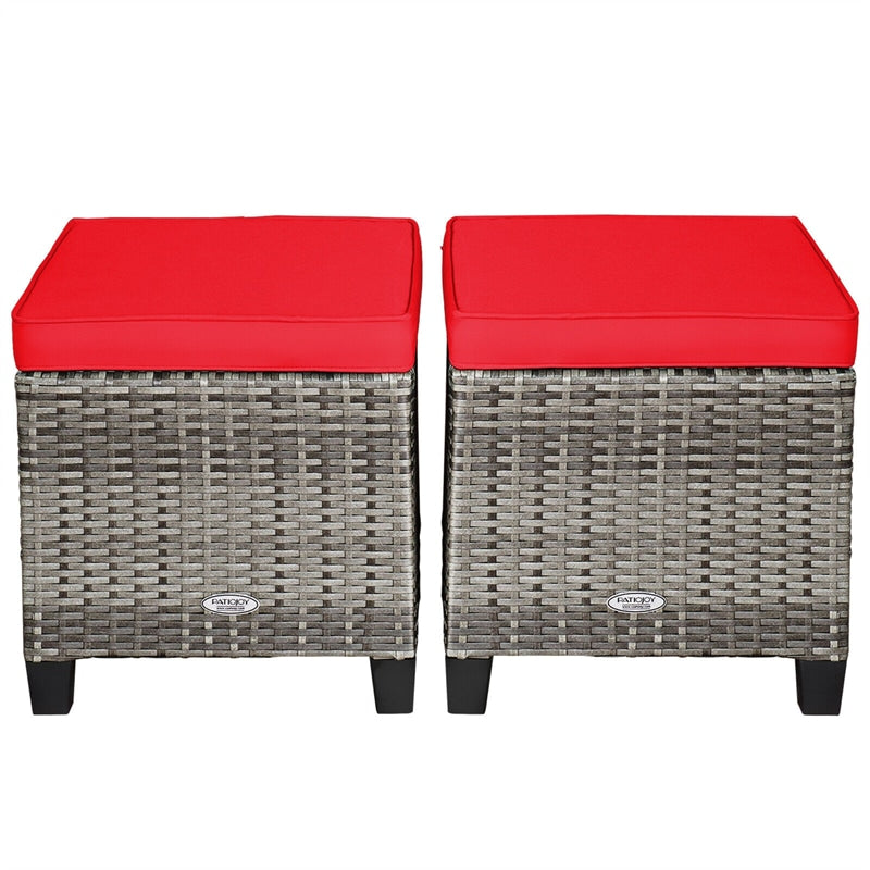 2 Pieces Wicker Patio Ottomans Outdoor Rattan Footstools with Removable Cushions