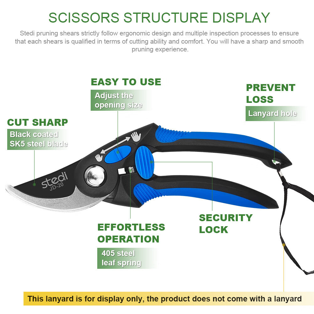 Stedi 8.5 inch Professional Garden Scissors,Adjustable Cutting Range Pruning Shears, SK-5 Carbon Steel Garden Clippers With Safety Lock