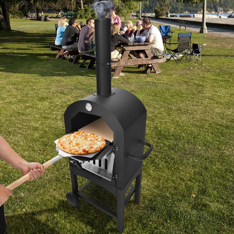 2 Layer Steel Outdoor Pizza Oven Wood Fire Pizza Grill Maker with Wheels, Pizza Stone & Peel, Waterproof Cover