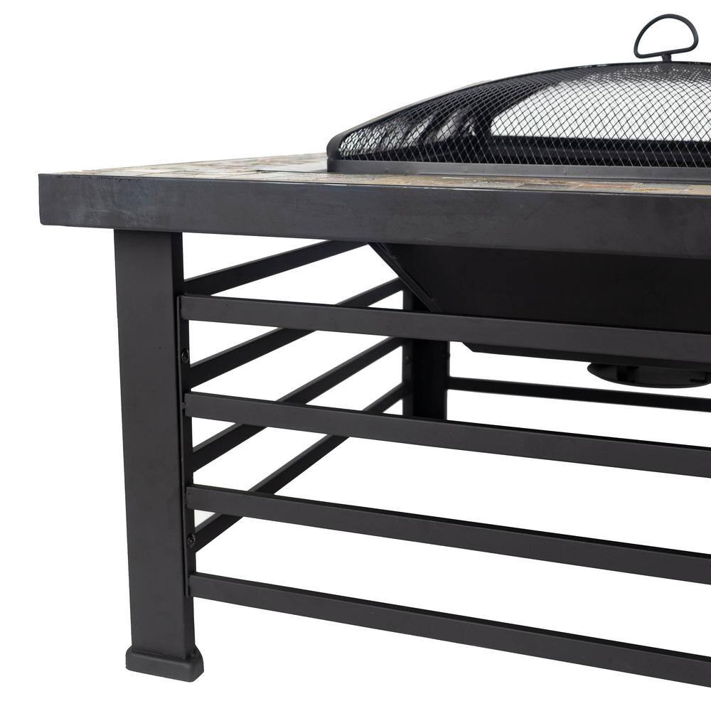 Pleasant Hearth Cascade Slate Top 34 in. Wx22.5 in. H Square Steel Wood Black Fire Pit OFW732S