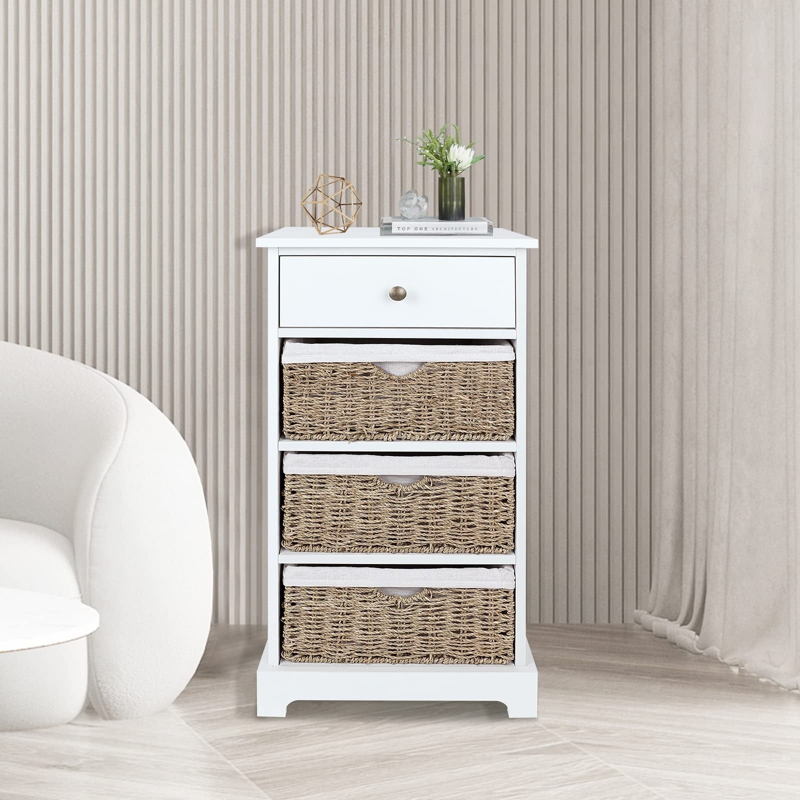 Wicker Basket Storage Cabinet， Wicker Storage Cabinet with Drawers and Basket， Storage Cabinet with Wicker Baskets - as picture - - 37668973