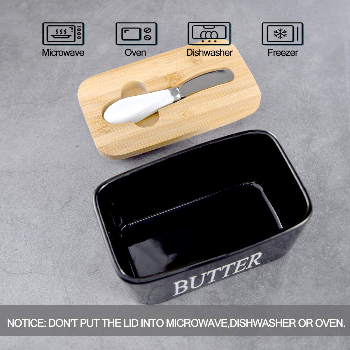 Porcelain Butter Dish with Bamboo Lid - Covered Butter Keeper with Butter Knife for Countertop， Airtight Butter Container with Cover for East West Coast Butter， Black