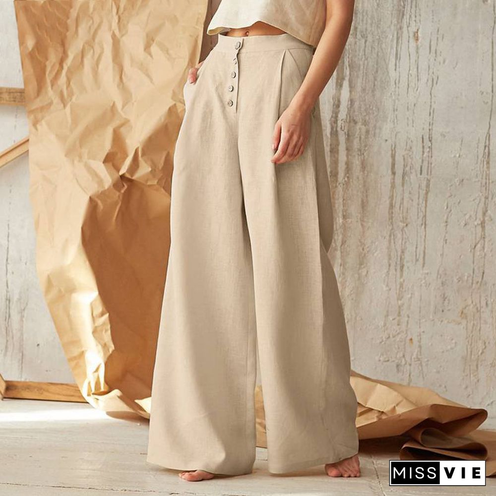 Summer High Waist Cotton Linen Button Simple Trousers Fashion Street Loose Solid Wide Leg Pants Casual Pleated Women Long Pants