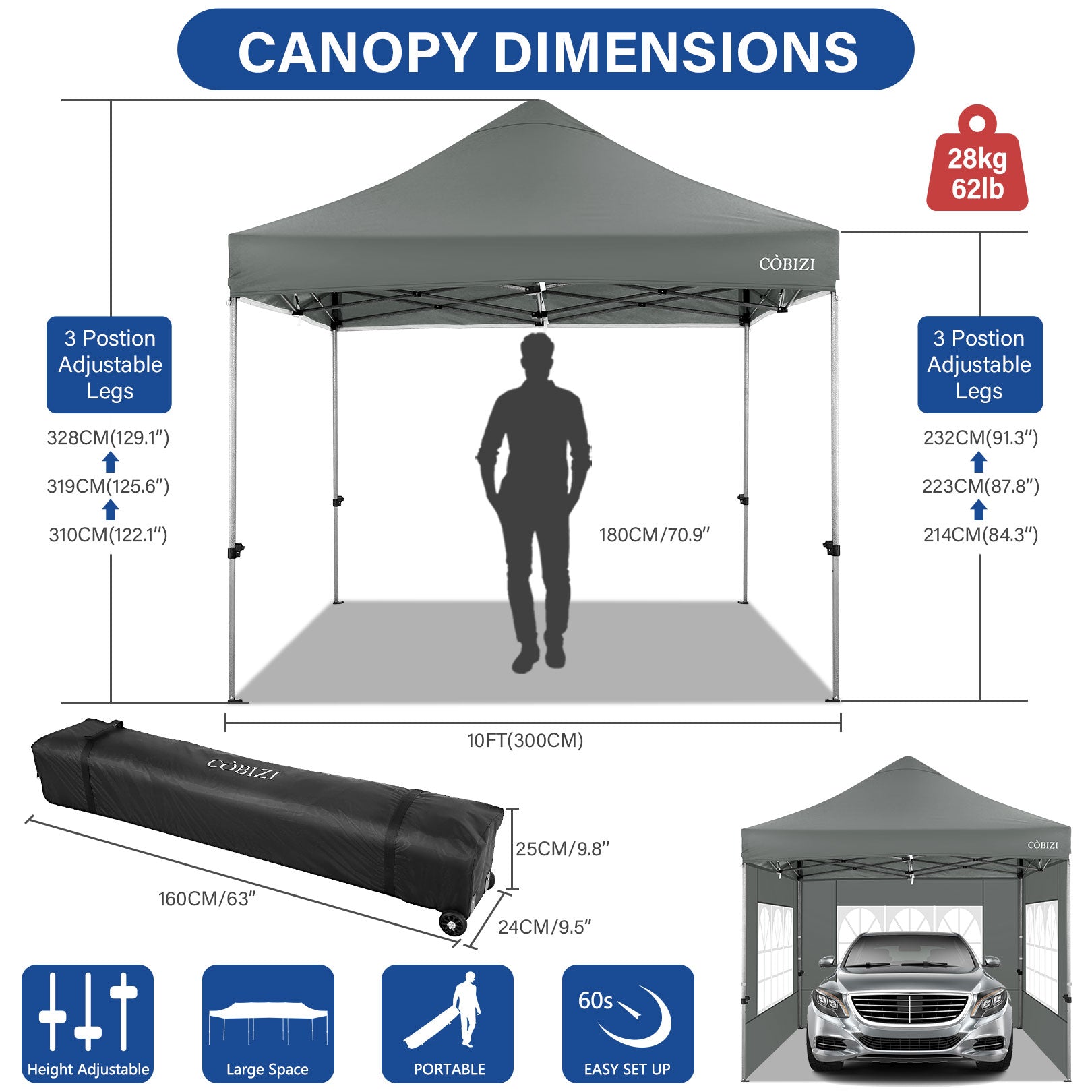 10 x 10ft Pop Up Canopy Tent Instant Outdoor Party Heavy Duty Canopy Straight Leg Commercial Gazebo Tent Shelter with 4 Removable Sidewalls, 4 Sand Bags, Roller Bag, Gray