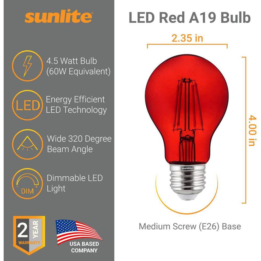 Sunlite 60-Watt Equivalent A19 Dimmable Filament E26 Medium Base LED Light Bulb in Red (2-Pack) HD02271-1