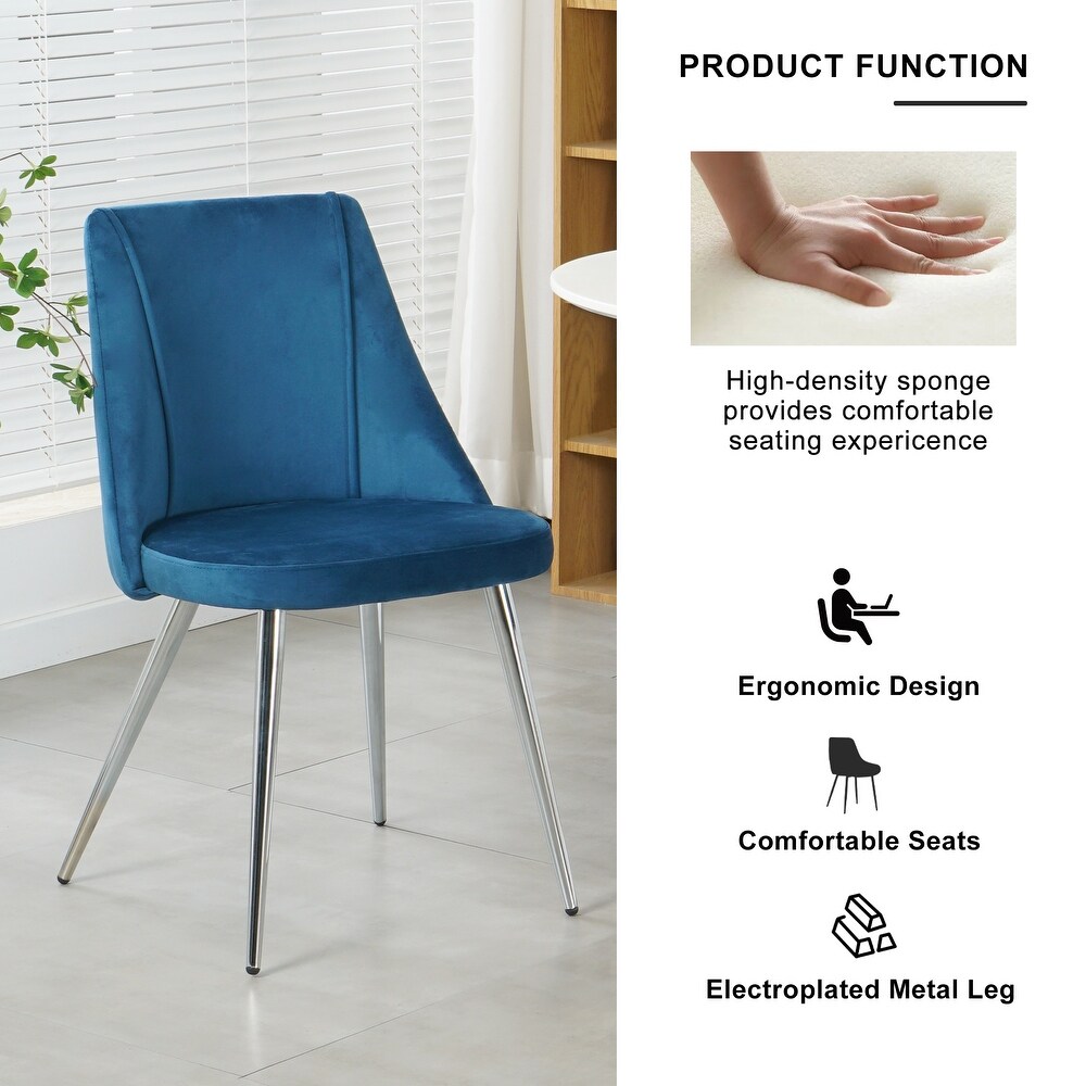 Modern simple velvet blue dining chair home bedroom stool back dressing chair student desk chair chrome metal legs(set of 4)