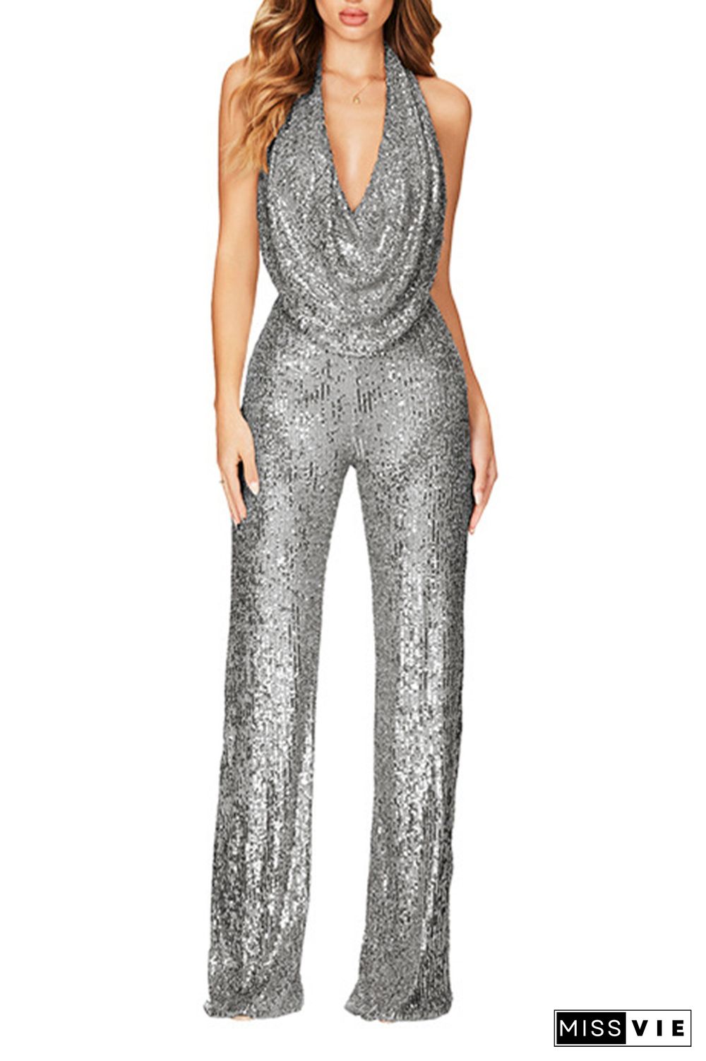 Sleeveless Halter Sequin Glitter One Piece Jumpsuit