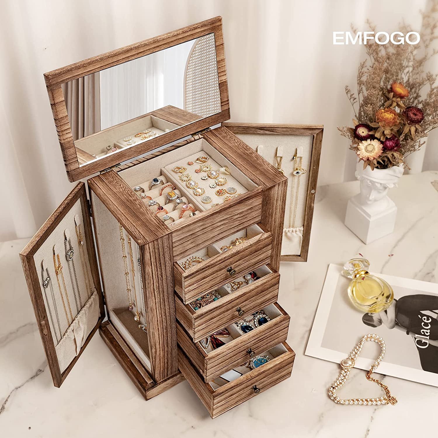 Emfogo Jewelry Box for Women, 5 Layer Large Wood Jewelry Boxes & Organizers for Necklaces Earrings Rings Bracelets, Rustic Jewelry Organizer Box with Drawers and Mirror