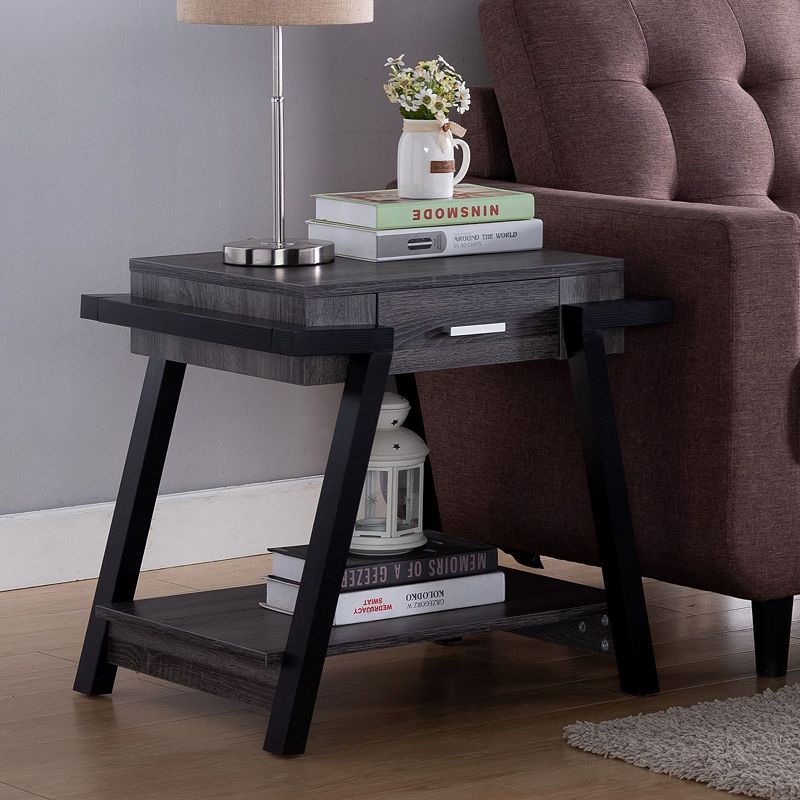 FC Design Distressed Grey and Black End Table with Drawer and Bottom Shelf