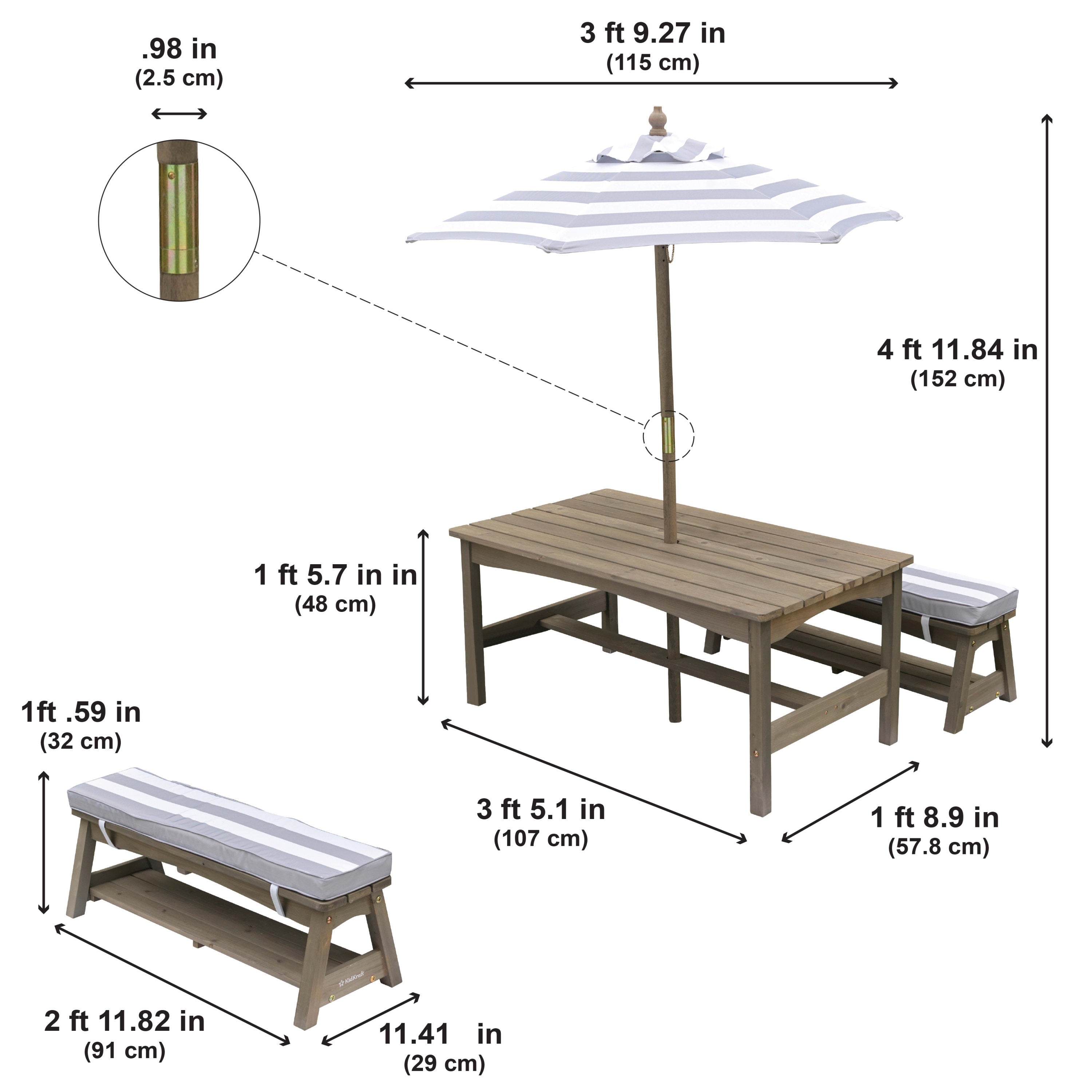 KidKraft Outdoor Table & Bench Set with Cushions and Umbrella, Gray and White Stripes