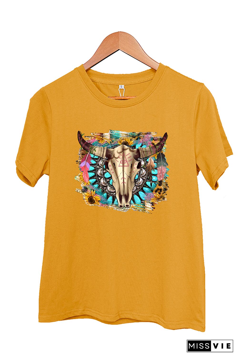 Western Boho Skull Pngturquoise And Leopard Short Sleeve Graphic Tee Wholesale