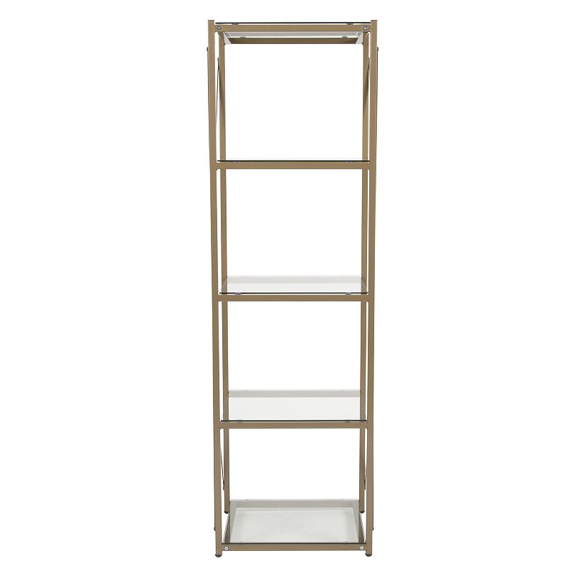 Merrick Lane Doniphan 64 Modern Bookshelf Glass 4-Shelf Bookcase with Powder Coated Matte Gold Cross Braced Frame