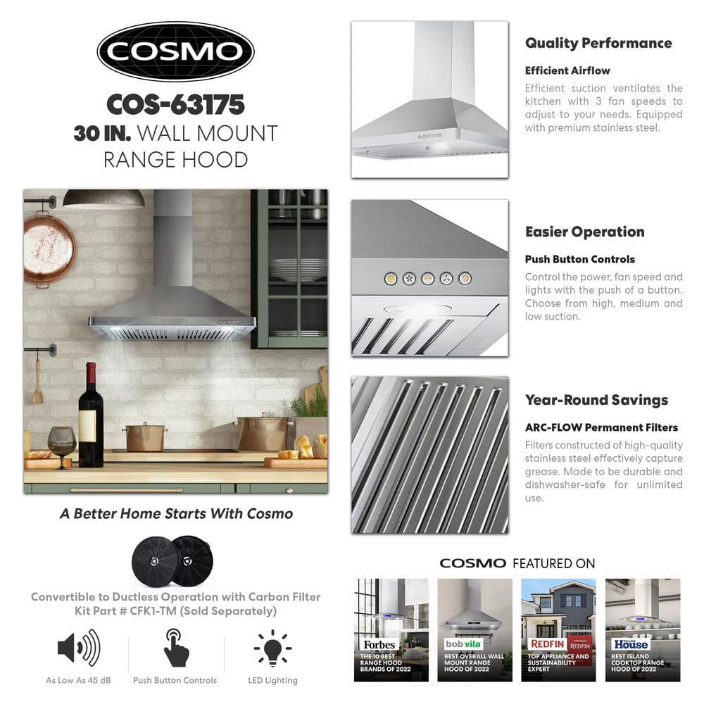 Cosmo 30 in Ductless Wall Mount Range Hood in Stainless Steel with LED Lighting and Carbon Filter Kit for Recirculating