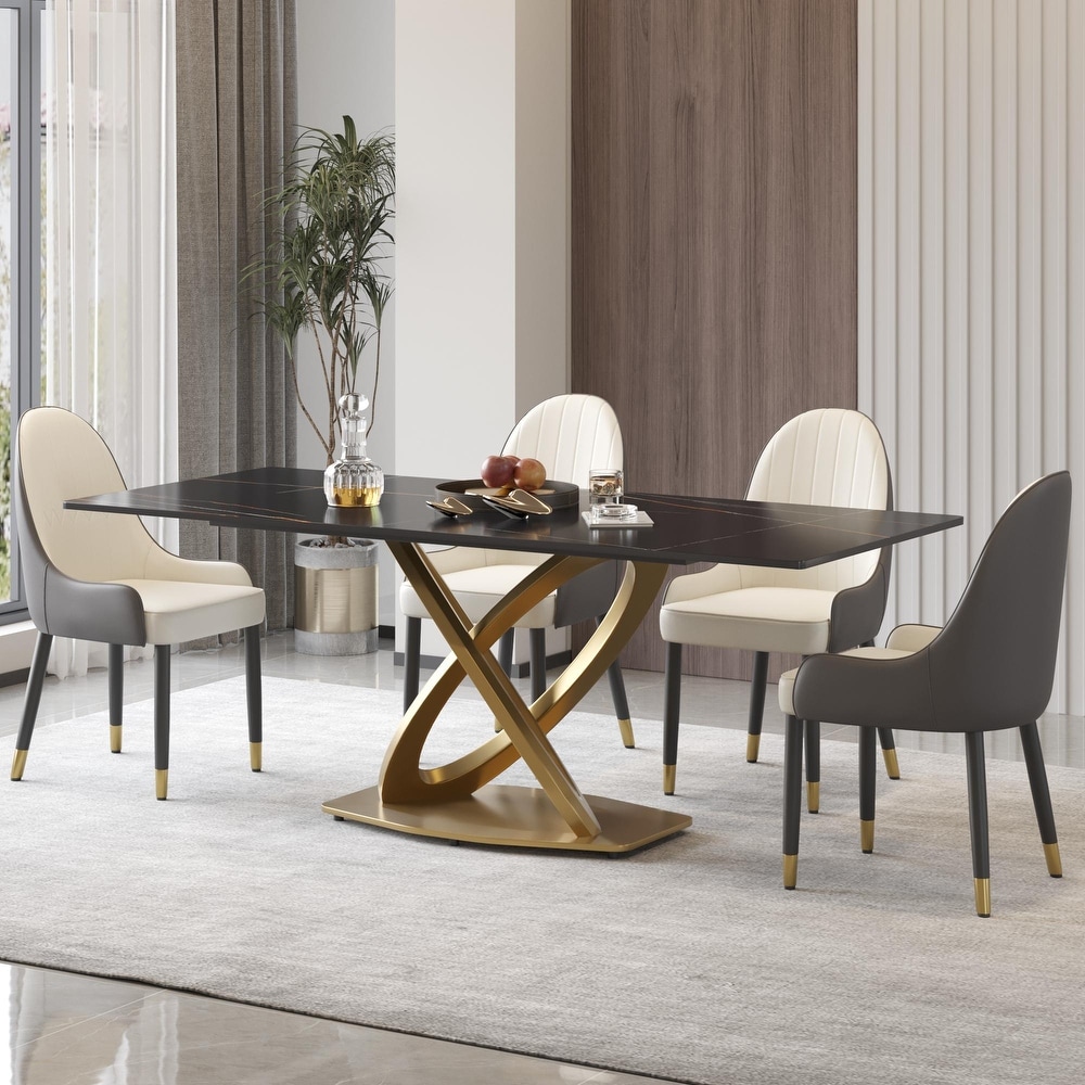 Modern Marble Dining Table with Gold Geometric Base