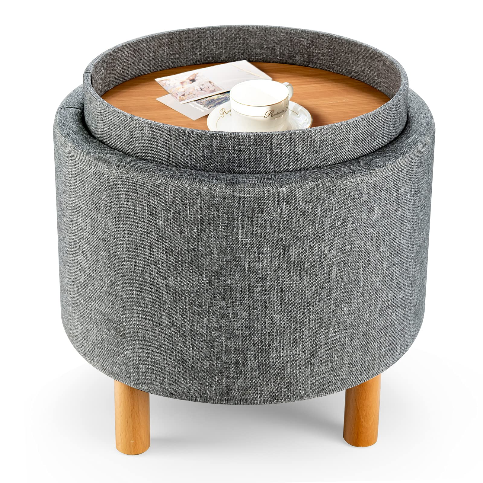 Giantex Round Storage Ottoman with Tray, Accent Storage Footstool w/ Soft Padding