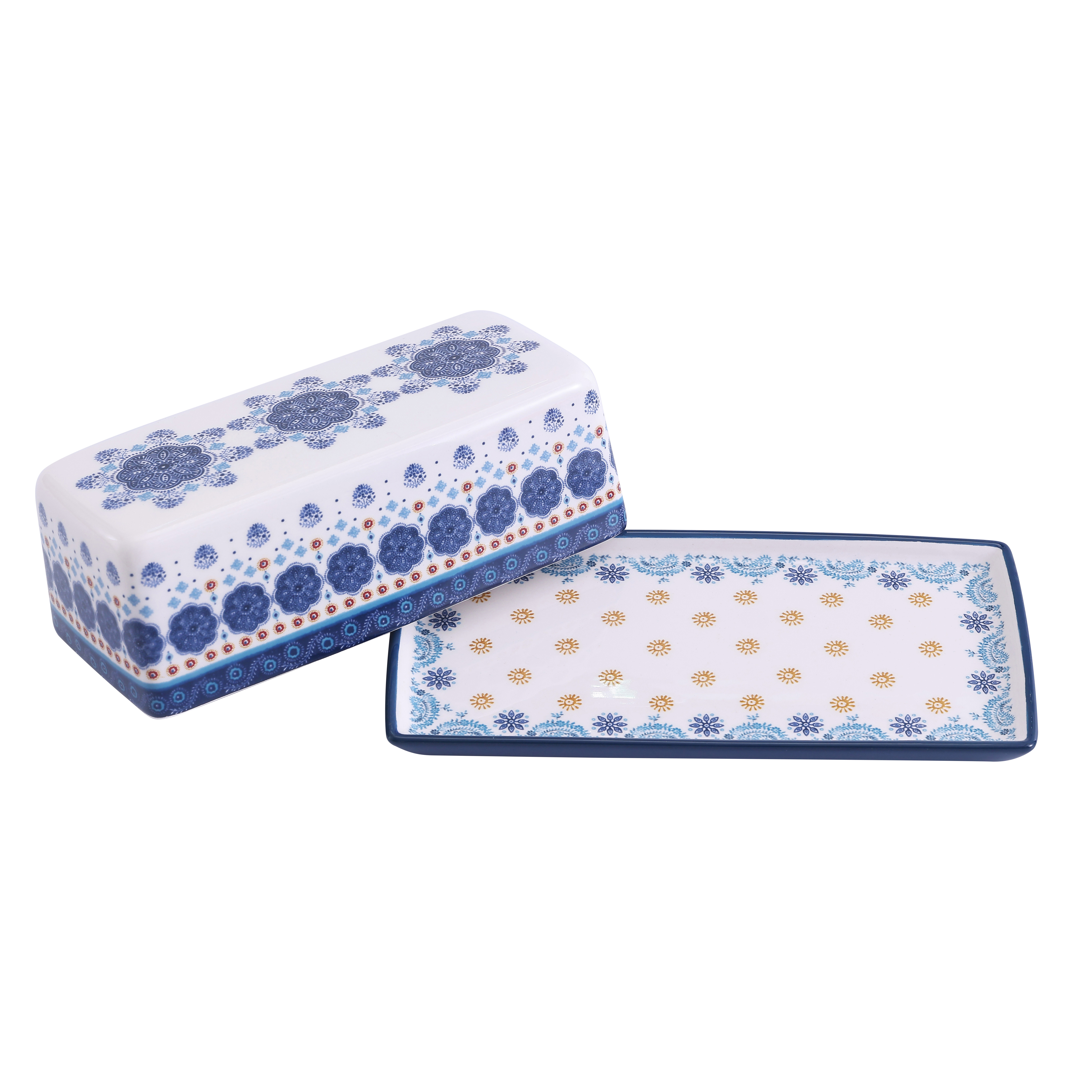 Bico Blue Talavera Ceramic Butter Dish with Lid， Butter Keeper for Counter， Kitchen， Dishwasher Safe