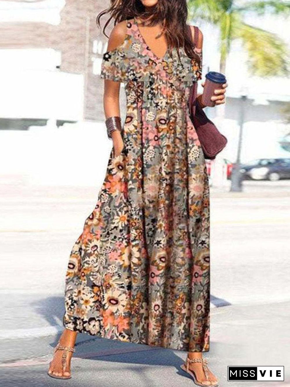 Women Short Sleeve Cold Shoulder V-neck Floral Printed Maxi Dress