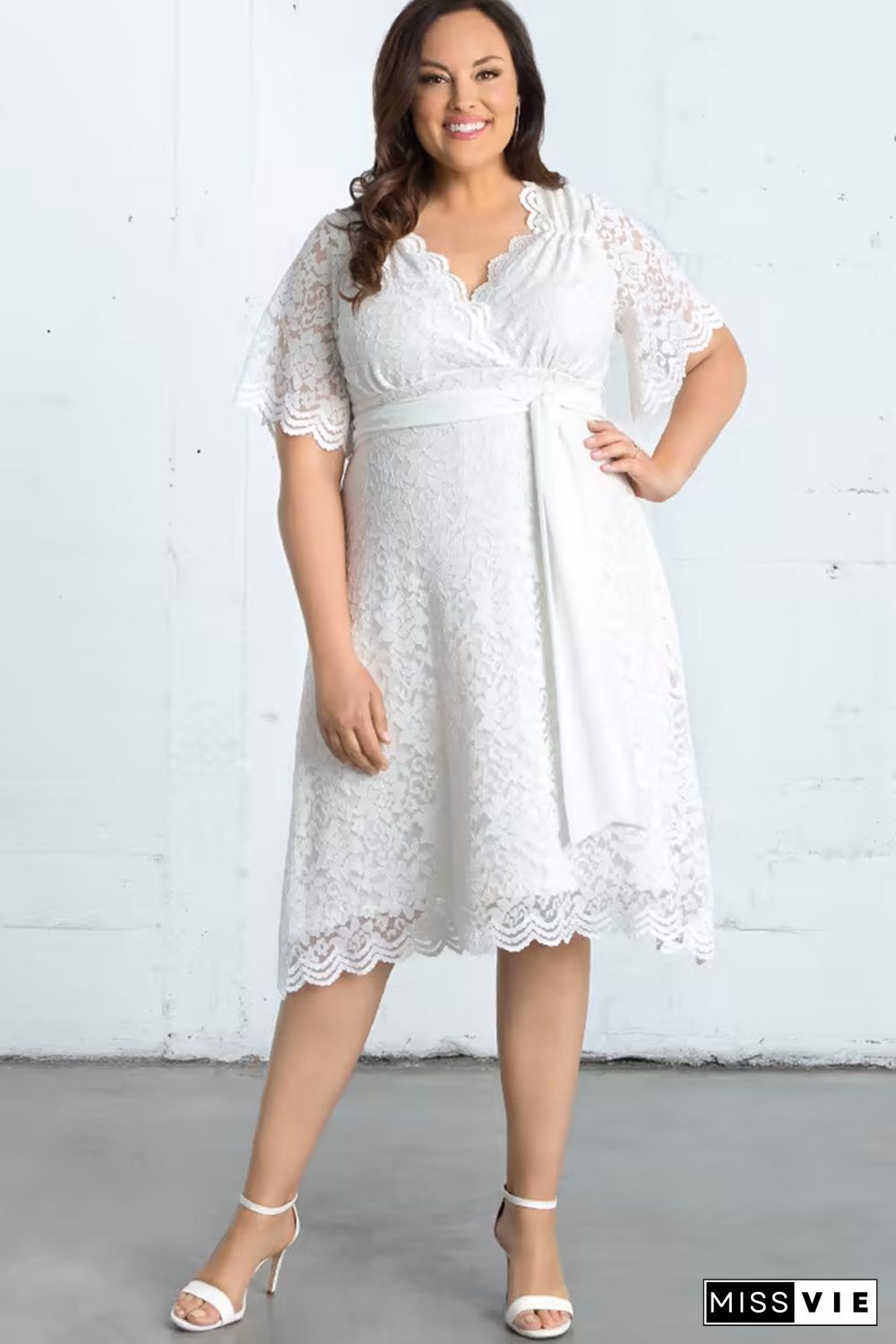 White Scalloped Lace Wrap V Neck Plus Size Dress