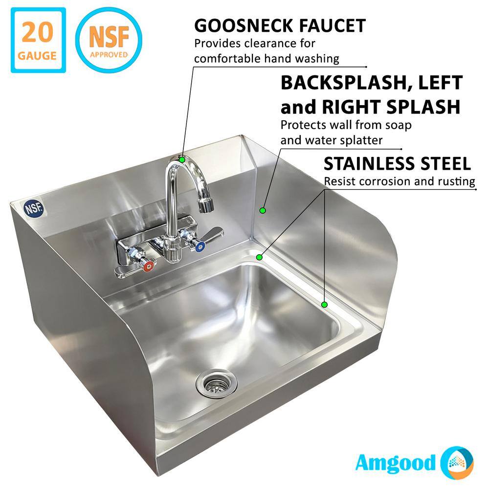 AMGOOD 17 in. x 15 in. Commercial Stainless Steel Wall Mounted Hand Sink with Side Splash and Gooseneck Faucet. NSF Certified HAND-SINK HS-17SS