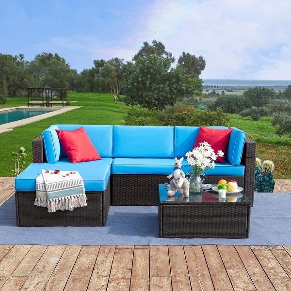 Furniwell 5 Pieces Patio Sectional Sofa Sets Rattan Conversation Sets