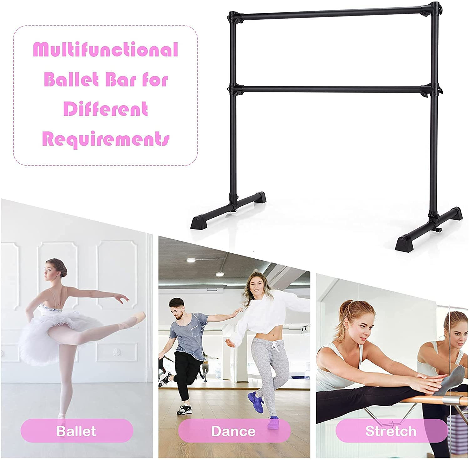 Costzon Portable Ballet Barre, 4FT Adjustable Double Freestanding Ballet Bar w/Anti-Skid Pad, Stable Base