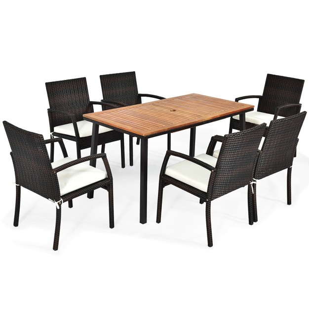 Tangkula 7pcs Patio Rattan Furniture Dining Set Wooden Table Cushioned Chair