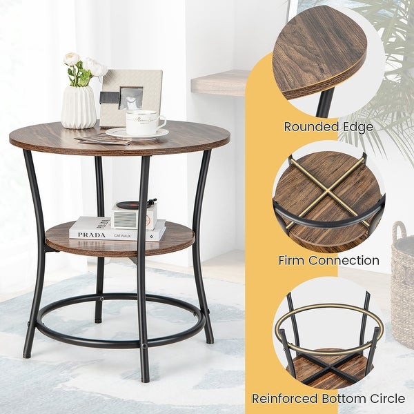 2 PCS 2-Tier Sofa Side End Table Round Nightstand with Metal Frame