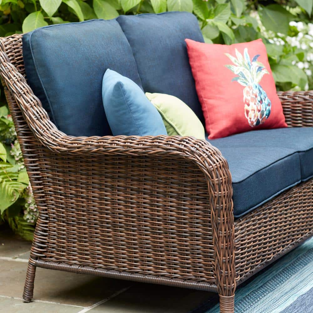 Hampton Bay Cambridge Brown Wicker Outdoor Patio Loveseat with CushionGuard Midnight Navy Blue Cushions 65-17148B3