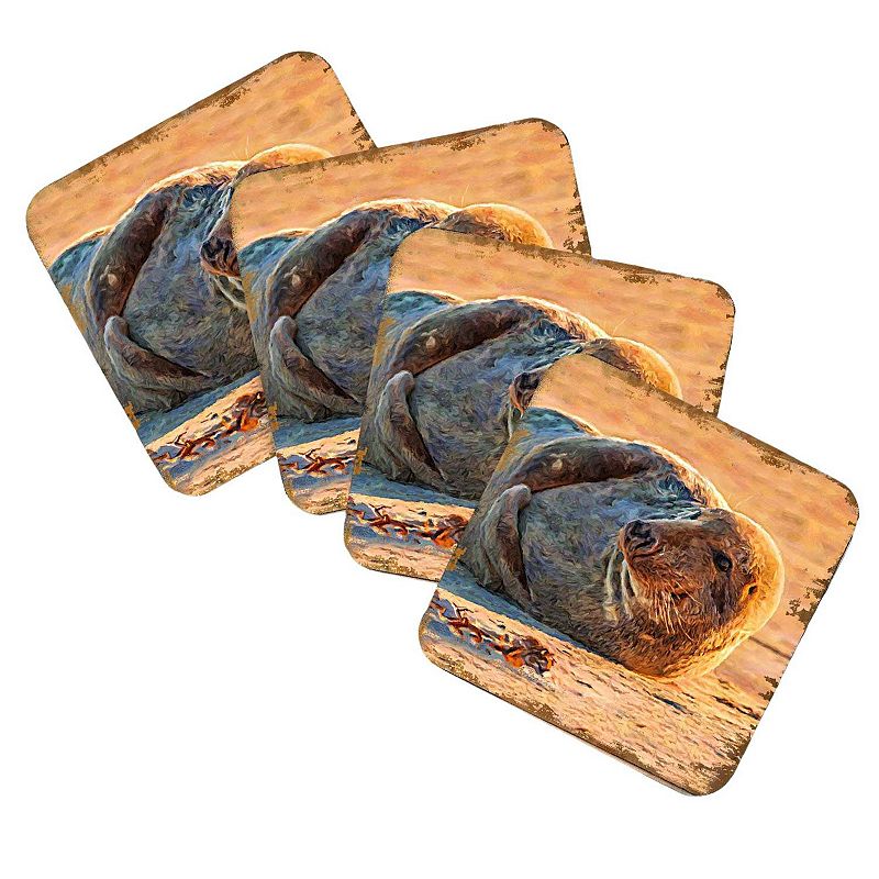 Seal Coastal Wooden Cork Coasters Gift Set of 4 by Nature Wonders