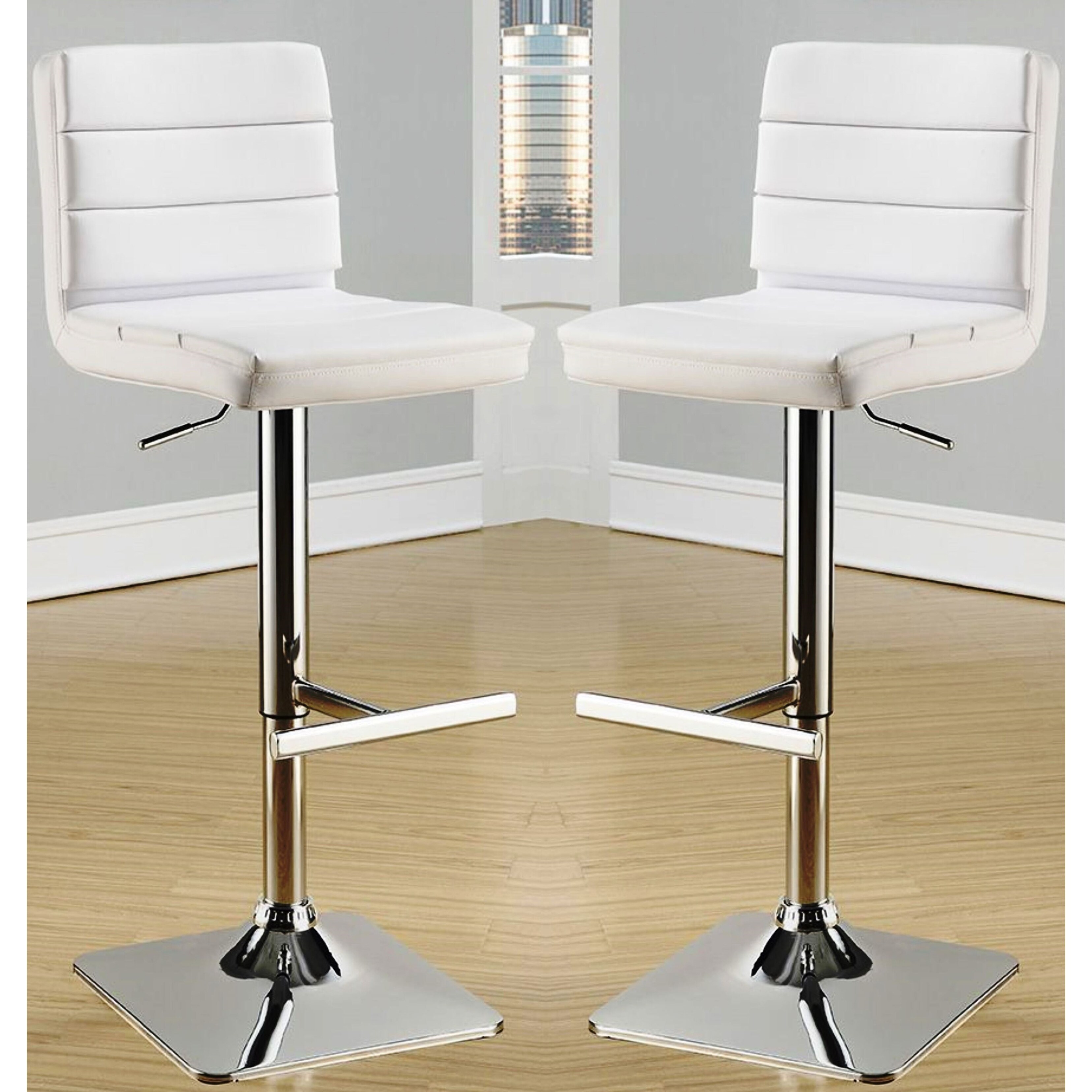 Horizontal Design White Adjustable Swivel Stools with Square Chrome Pedestal Base (Set of 2)