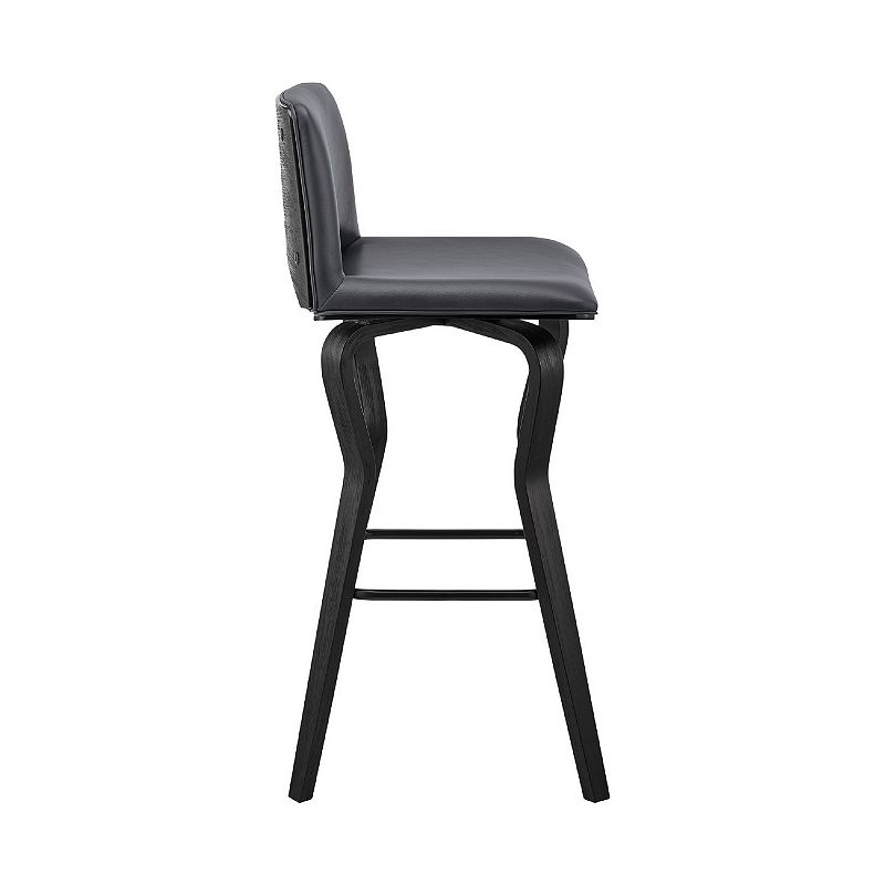 30 Inch Swivel Barstool， Vegan Faux Leather Upholstery， Wood Support， Gray， Black