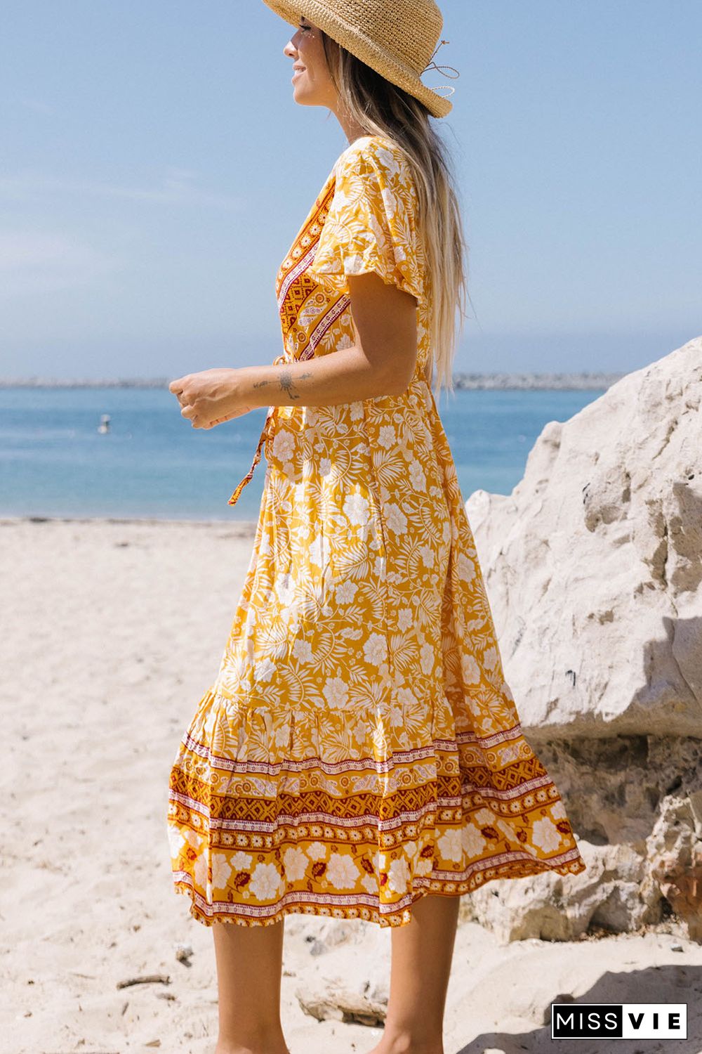 Yellow Floral Wrapped V Neck Tied Ruffled Sleeves Midi Dress