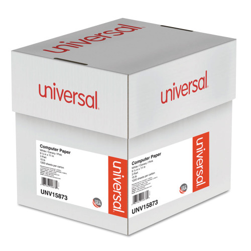 Universal Printout Paper， 3-Part， 15 lb Bond Weight， 9.5 x 11， White/Canary/Pink， 1，200/Carton (15873)