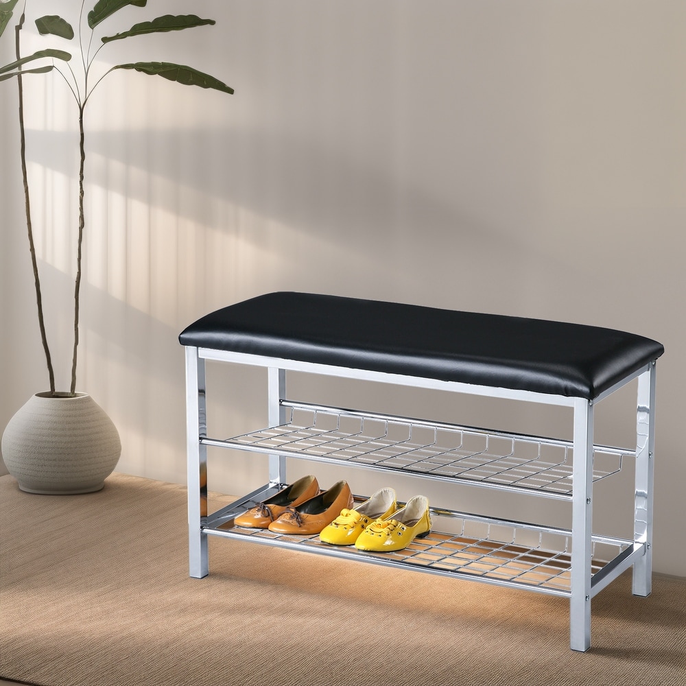 Roundhill Furniture Metal Shoe Bench with Faux Leather Seat  Chrome and Black