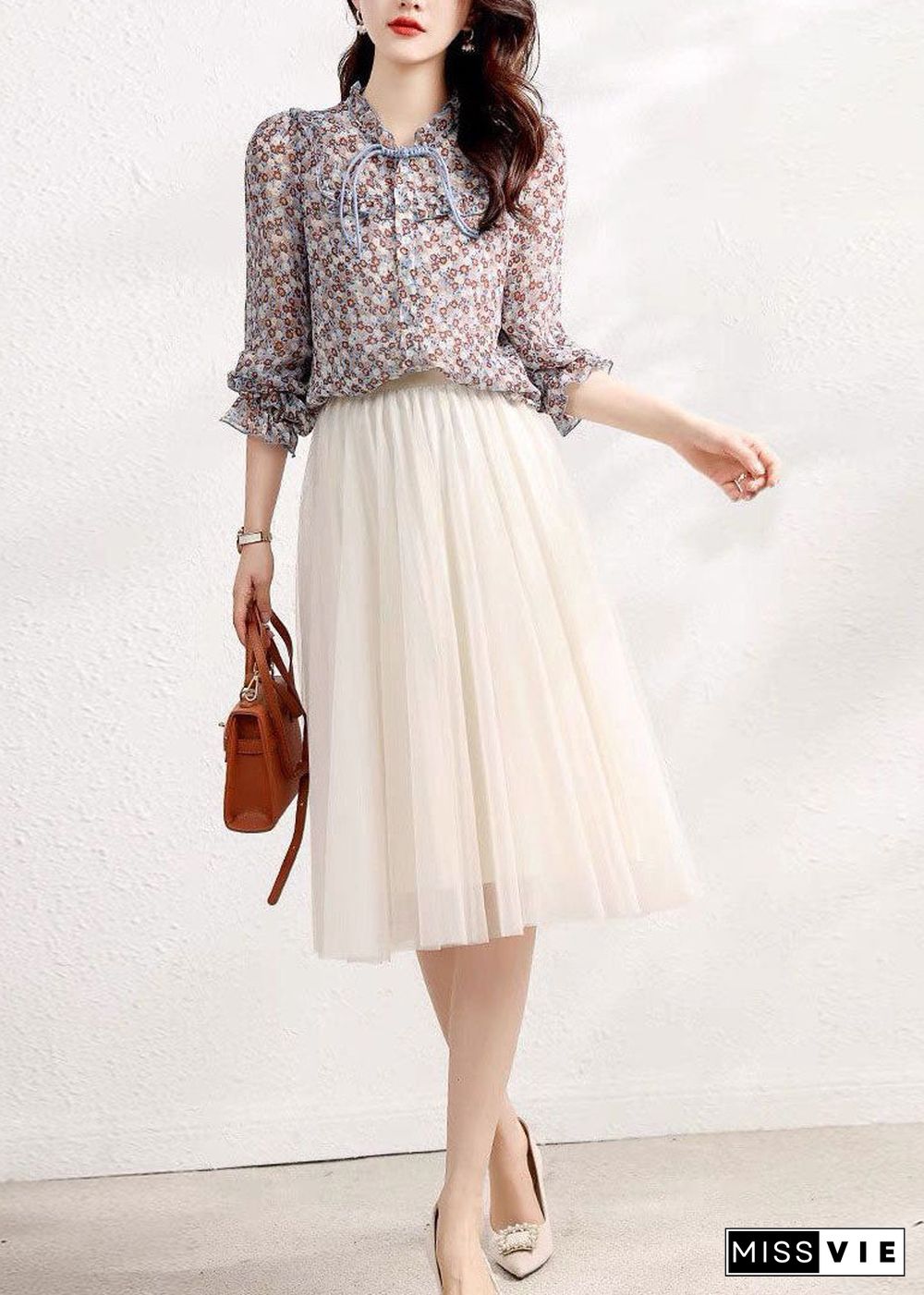 Bohemian Floral Ruffled Patchwork Chiffon Shirt Tops Spring