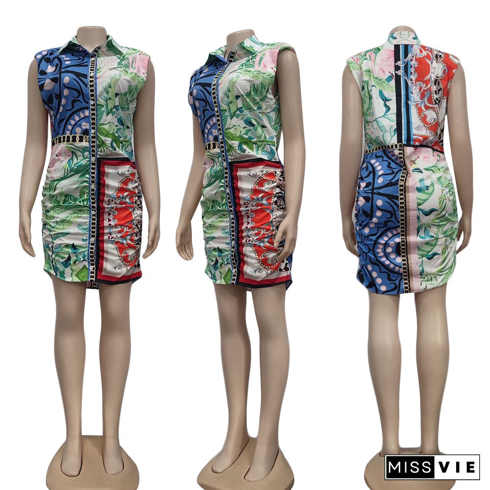 Printed Sleeveless Patchwork Turn-Down Collar Button Shirt Dress