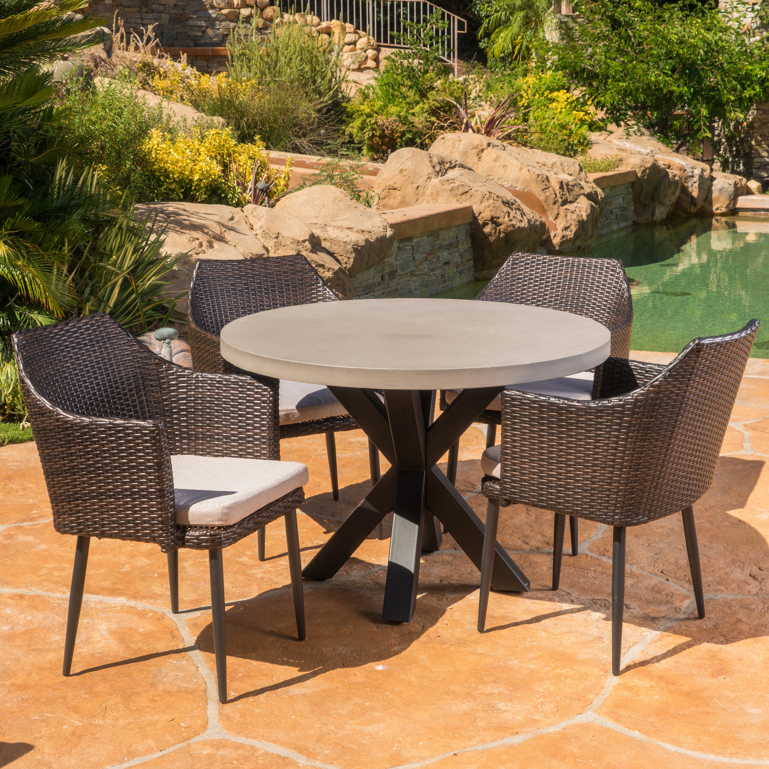 Nelson Outdoor Transitional 5 Piece Wicker Dining Set with Lightweight Concrete Table