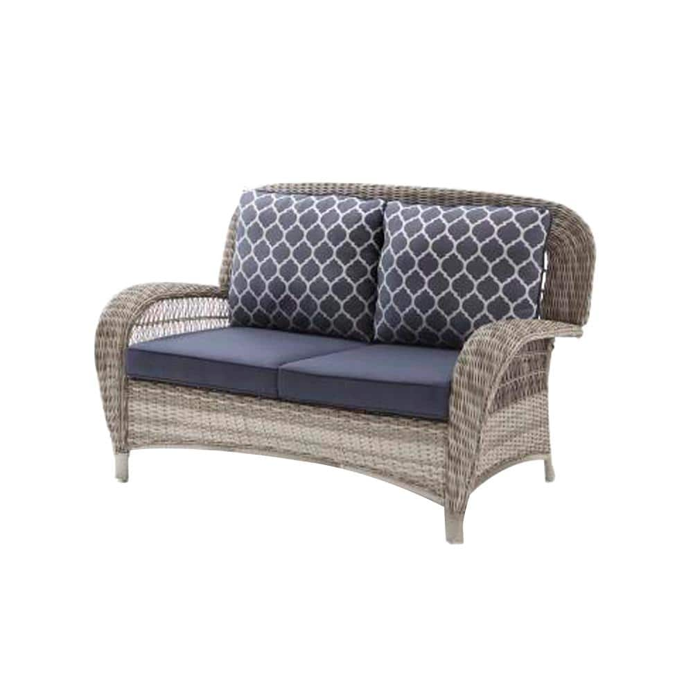 Hampton Bay Beacon Park Gray Wicker Outdoor Patio Loveseat with Standard Midnight Trellis Navy Blue Cushions FRS80812CL-G