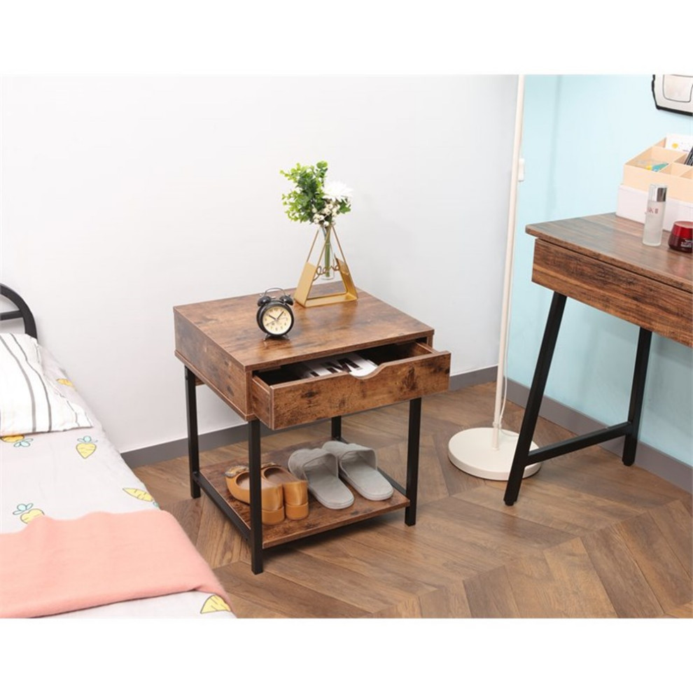 Home Square Modern Wood End Table with Drawer in Rustic Brown   Set of 2   Industrial   Side Tables And End Tables   by Homesquare  Houzz