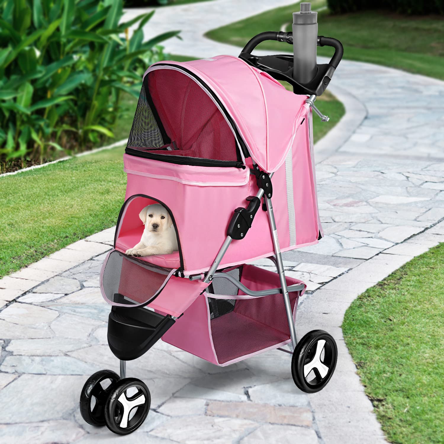 Pet Stroller 3 Wheel Foldable Cat Dog Stroller with Storage Basket and Cup Holder for Small and Medium Cats， Dogs， Puppy (Pink)