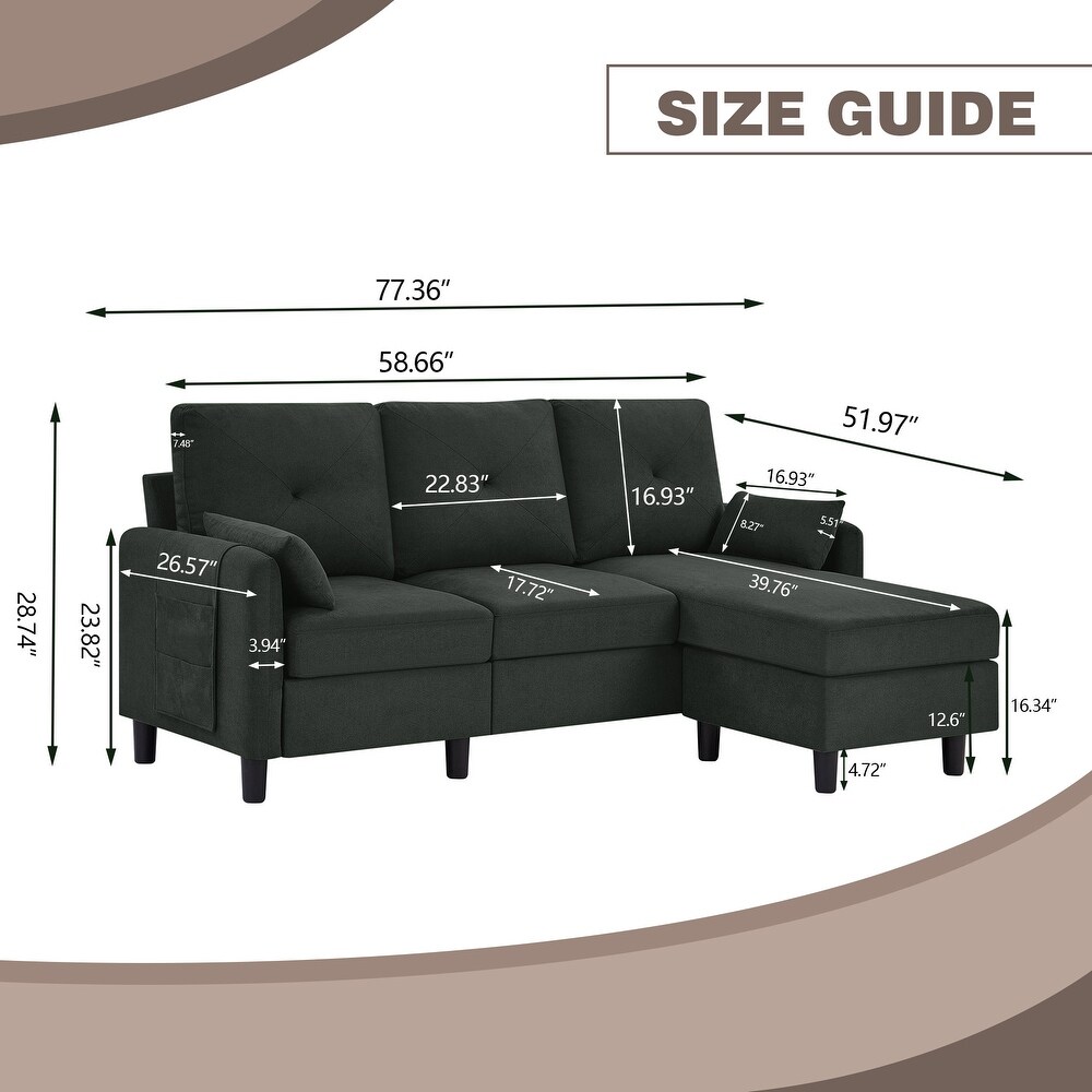 77.36 Inches Modern Sectional Sofa with Reversible Ottoman and Side Storage Pocket