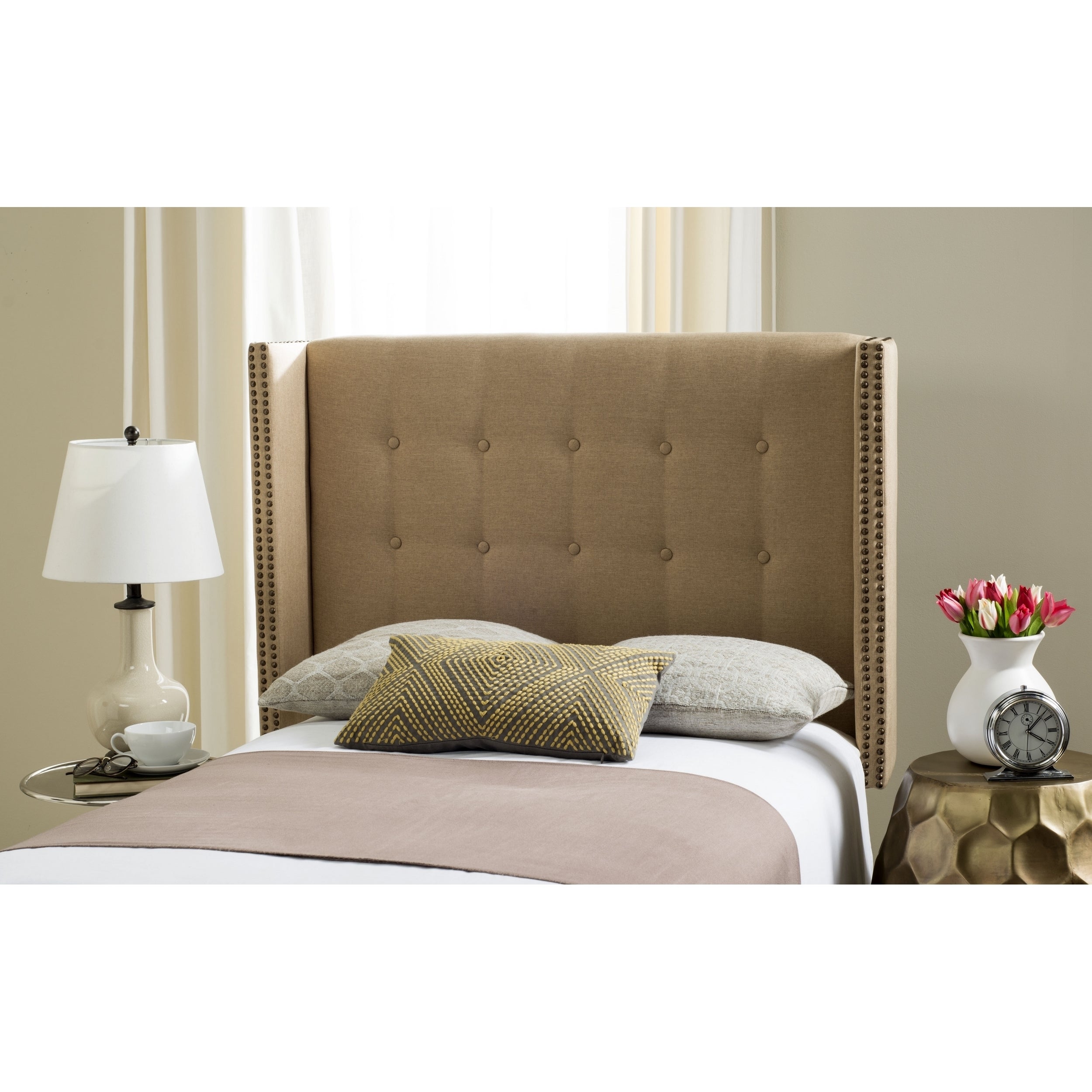 SAFAVIEH Keegan Sandstone Linen Upholstered Wingback Headboard (Full) - - 11551632