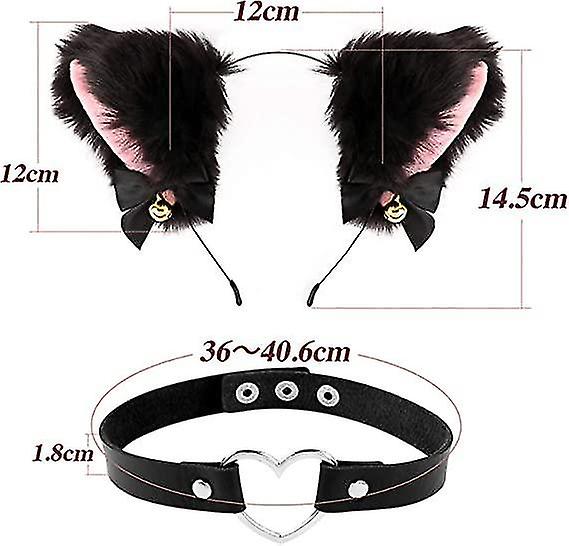 Bent Ears Fox Headband + Bell Choker Necklace For Women Girl Cosplay Costume Party.black+pink