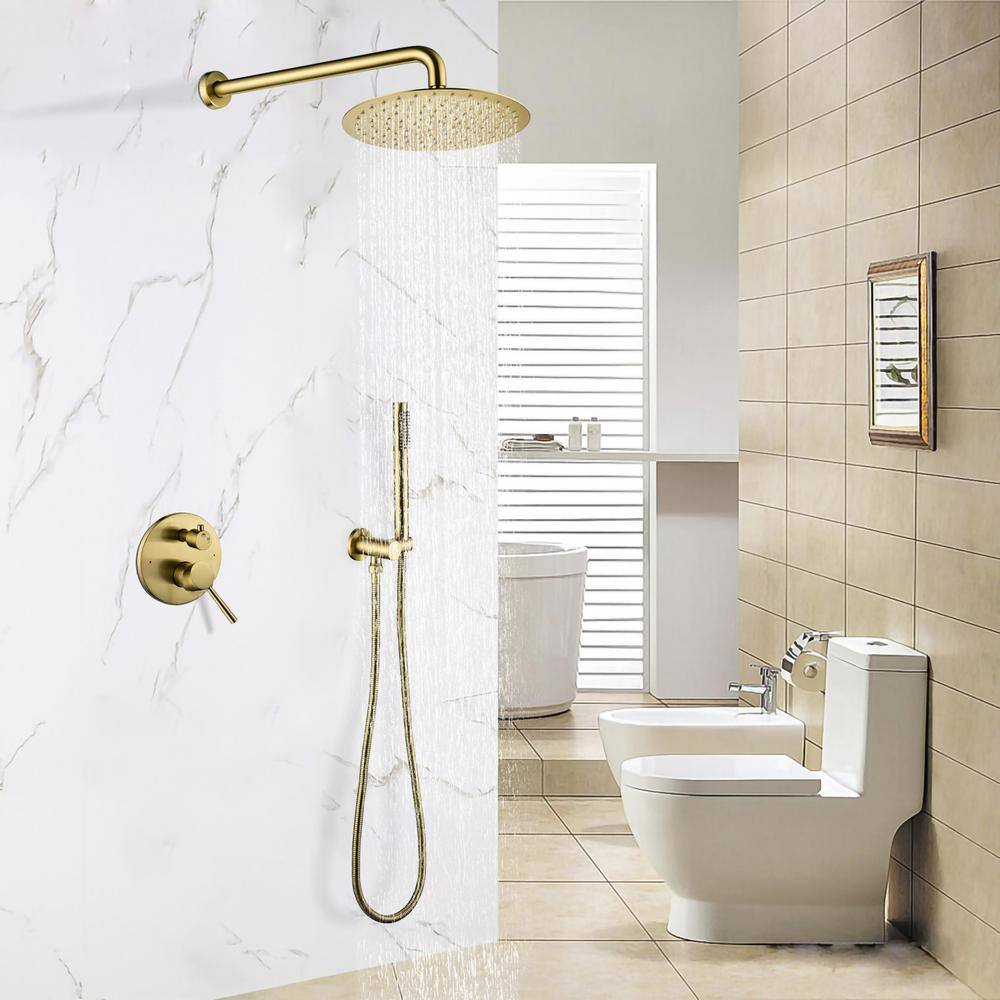 Satico 2-Spray Patterns with 10 in. Tub Wall Mount Dual Shower Heads in Brushed Gold GB013806S