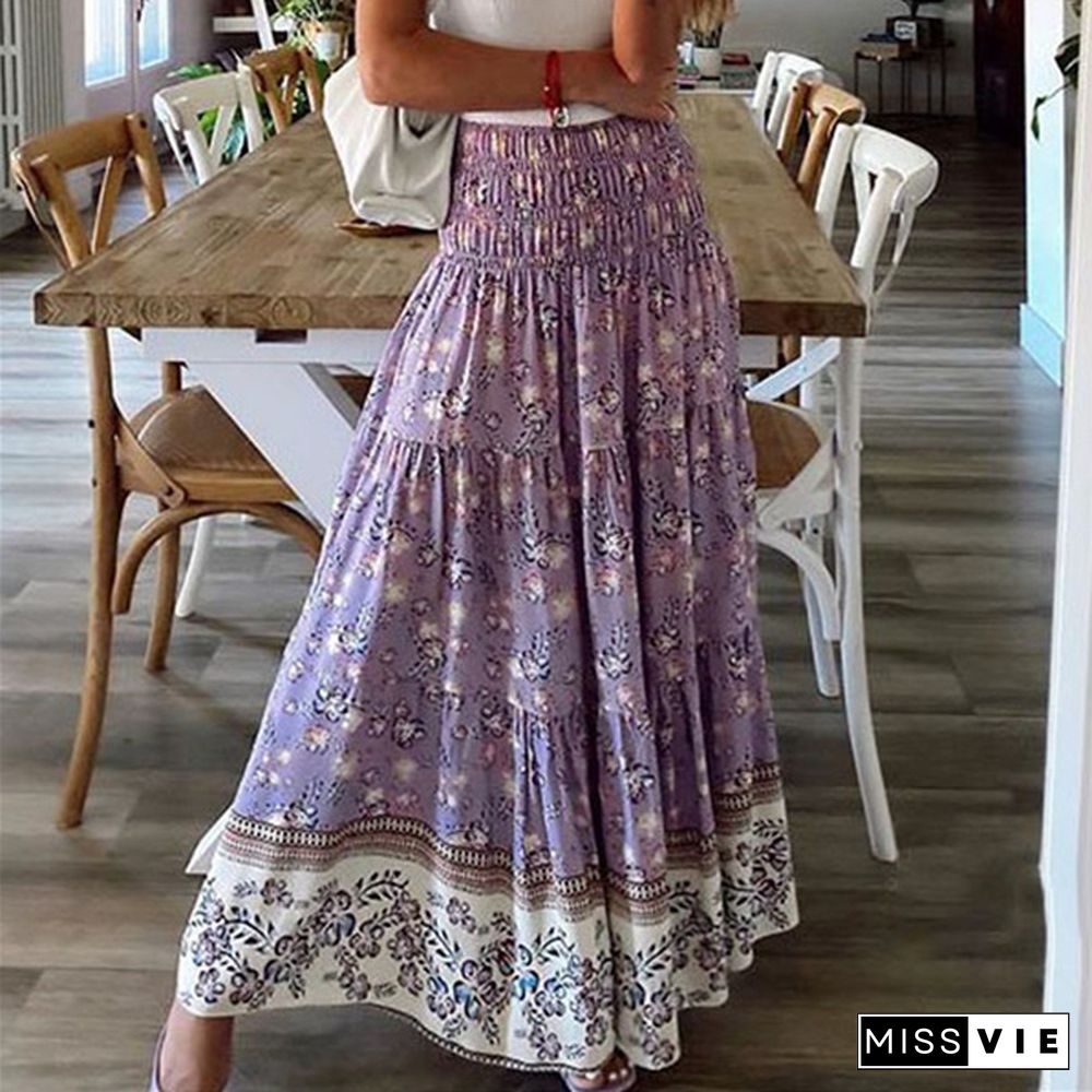 Plus Size Skirt Boho Style Floral Printed High Waist Skirt Holiday Beach Long Skirt Jupes